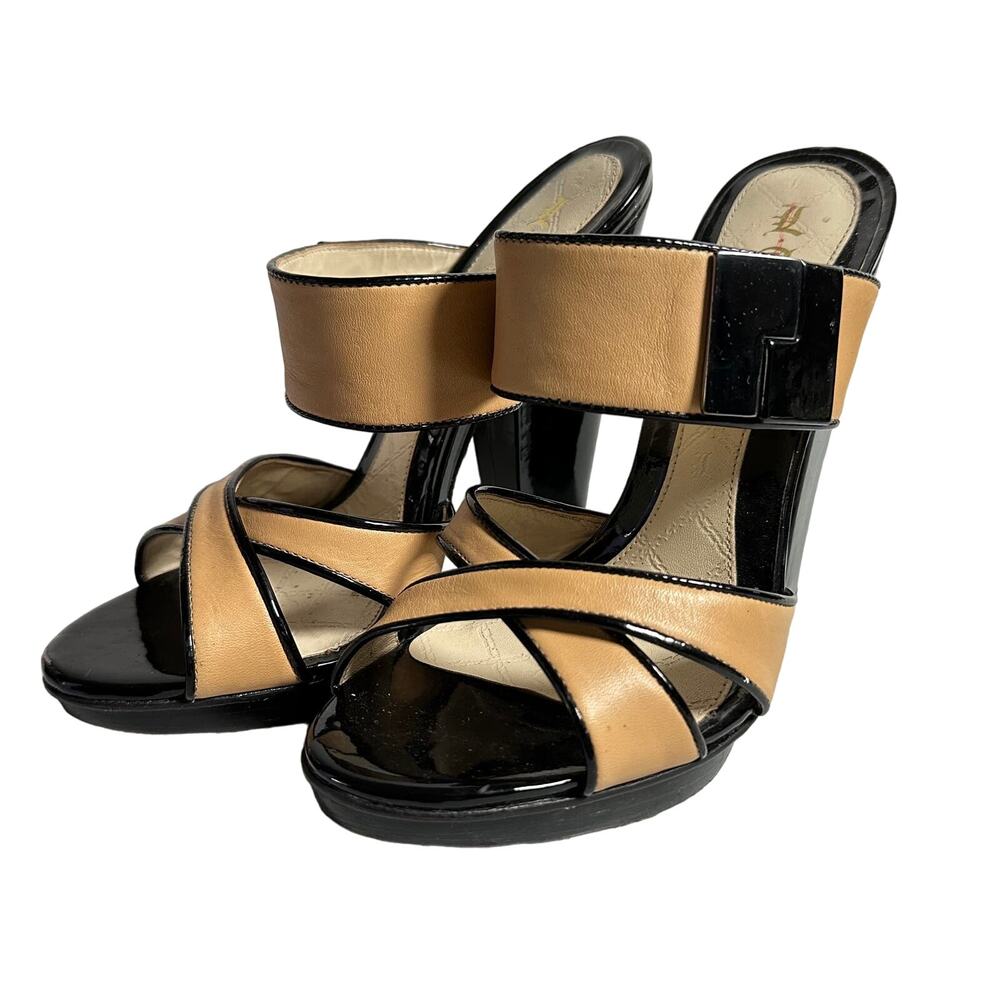 L.A.M.B. Black and Tan Strappy Patent Leather Mule Heels